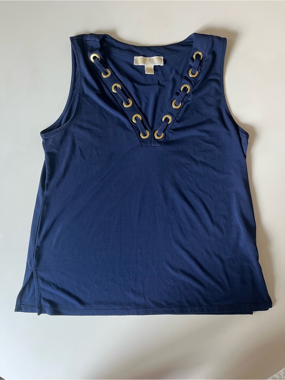 MICHAEL KORS Navy Blue Sleeveless Blouse, Gold Grommet Whip Stitch, Size Medium